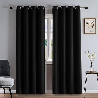 Curtains 90 Inches Long 2 Panels Set, Blackout Curtains for Bedroom Living Room, Thermal Insulated Grommet Room Darkening Drapes for Privacy Home Decor Windows(W52 x L90, Black)