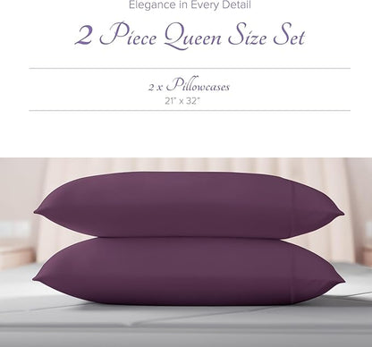 Carressa Linen 100% Egyptian Cotton Pillow Cases Queen Size Set of 2 - Luxury 600 Thread Count Plum Standard/Queen Size Pillowcases, Silky Soft, Cooling Sateen Weave Hotel Quality Bed Pillow Cover