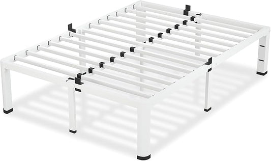 12 Inch White Queen Bed Frame, 3500Lbs Heavy Duty Metal Platform with Round Corner Legs Mattress Slide Stopper, Steel Slat Support No Box Spring Needed, Noise Free, Non-Slip, Easy Assembly