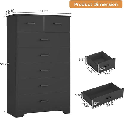 Hasuit Tall Dresser for Bedroom, Black Large Chest of Drawers, 55.6'' High Dressers with 7 Drawers, Modern Wooden Vertical Storage Clothes Closet Organizer