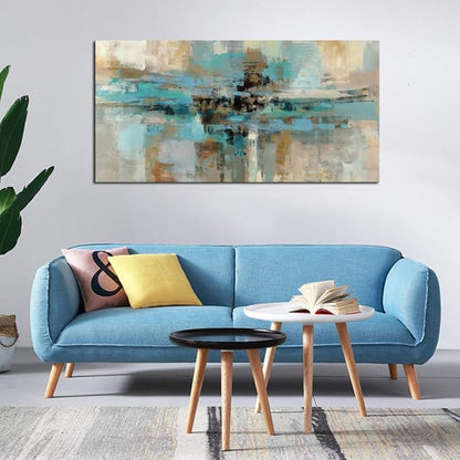 DZL Art A74775 Canvas Prints Abstract Wall Art Print Paintings Blue and Brown Stretched Canvas Wooden Framed for living Room Bedroom and Office Home Decor Artwork