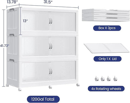 480QT Plastic Stackable Storage Bins with Lid, 120GAL Extra Large Collapsible Box with Wheels Clear Door, Foldable Closet Organizer Container Cabinet Drawer for Home Kitchen，3Pack, White
