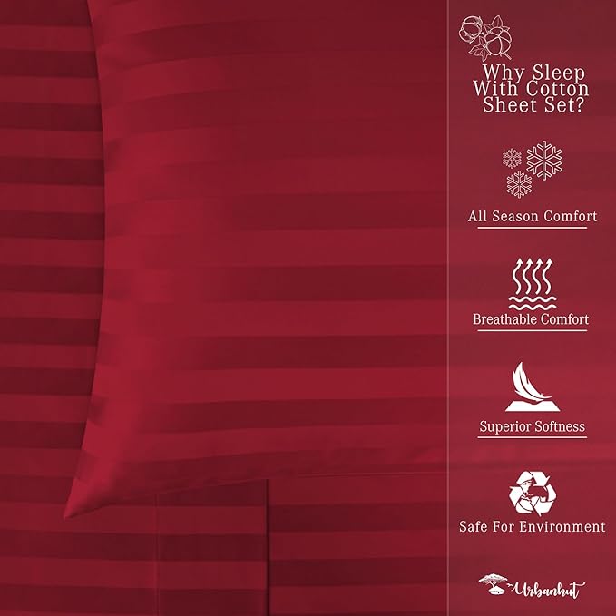 URBANHUT 800 Thread Count 100% Cotton Damask Full Size Sheets, 4 Piece Striped Full Size Bedsheets, Luxury Hotel Sheets Sateen Weave - Better Than Egyptian, 16" Elasticized Deep Pocket- Burgundy