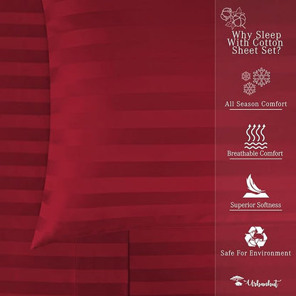 URBANHUT 800 Thread Count 100% Cotton Damask Twin Size Sheets, 4 Piece Striped Twin Size Bedsheets, Luxury Hotel Sheets Sateen Weave - Better Than Egyptian, 14" Elasticized Deep Pocket- Burgundy