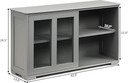 Costzon Sideboard Buffet Cabinet, Wooden Kitchen Storage Cabinet with Adjustable Shelf, Sliding Glass Doors, Accent Coffee Bar Cabinet Console Table for Living Room, Dining Room, Hallway (Grey)