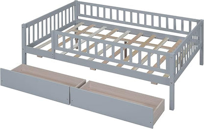 Bellemave Full Size Bed Frames with Rails for Kids, Full daybed Frame with Drawers for Boys/Girls/Adults， Gray