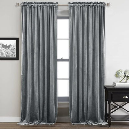 StangH Grey Velvet Curtains 96 inches Long Room Darkening Window Drapes for Living/Dining Room, Solid Rod Pocket Panels for French Door/Cottage, W52 x L96, 2 Panels