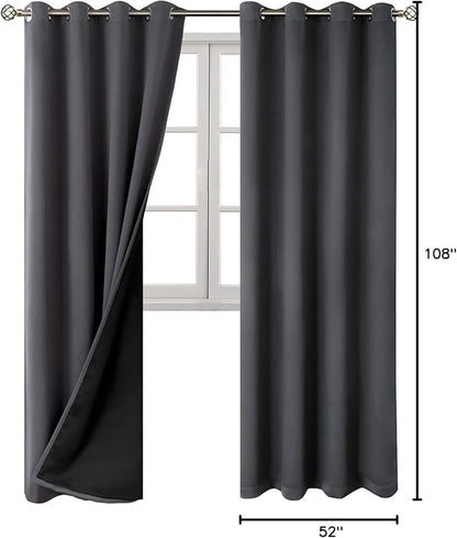 BGment 100% Blackout Curtains 108 Inch Long 2 Panles Set, Thermal Insulated Total Light Locking Soundproof Grommet Curtains & Drapes for Living Room with Black Liner, 52 Inch Wide Each, Dark Grey