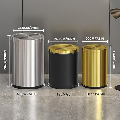 4.7 Gallon/18L Stainless Steel Bathroom Trash Can,Silver Garbage Bin with Swing Lid,Round,Elegant Waste Basket,for Toilet,Kitchen,Living Room,Hotel,Home (18L-Silver)
