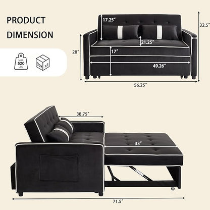 Convertible Sofa Bed, 3-in-1 Loveseat Futon Sofa Bed with 3-Position Adjustable Backrest & Side Pocket, Modern Velvet Fabric Pull Out Couch for Living Room, Small Spaces (Black)