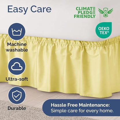 Wrap Around Dust Ruffle Bed Skirt - Yellow - for King Size Beds with 15 Inch Drop - Easy Fit Elastic Strap - Adjustable Pleated Bedskirt w/Brushed Fabric - Wrinkle Free - for Women, Men, Kids & Teens