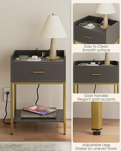 Masupu Nightstand with Charging Station,3-Tier Modern Bedside Night Stand with Storage Drawer and Shelf,Small End Side Table for Bedroom,Living Room,Grey