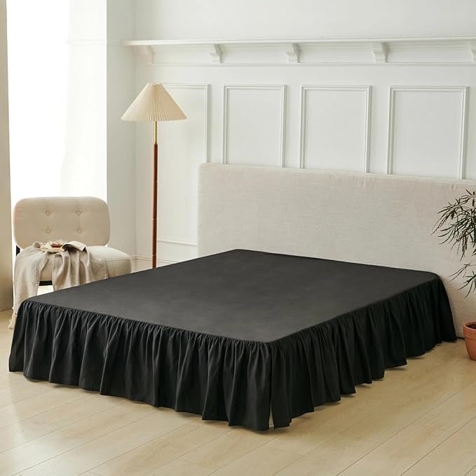 Bed Skirt Twin Size Ruffled Bed Skirt with Split Corners, Black Bed Skirts 16 Inch Drop, Bed Skirting with Platform, 16'' Twin, Black