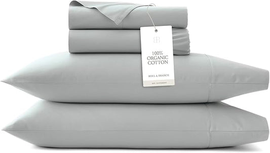 BOLL & BRANCH Signature Hemmed Sheet Set - Full, Shore - Luxury 100% Organic Cotton - Includes 1 Flat, 1 Fitted, 2 Pillowcases - Buttery Soft