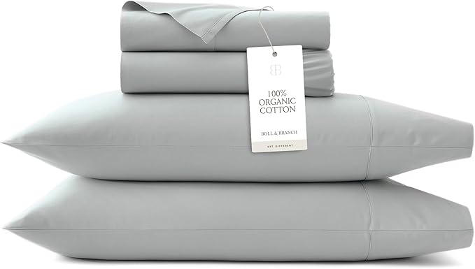 BOLL & BRANCH Signature Hemmed Sheet Set - Split King, Shore - Luxury 100% Organic Cotton - Includes 1 Flat, 2 Fitted, 2 Pillowcases - Buttery Soft