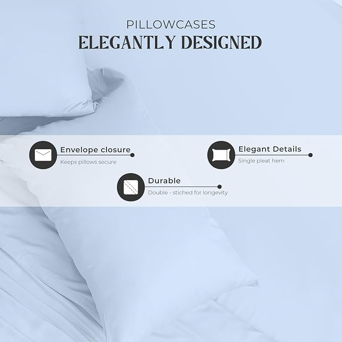 Mayfair Linen Standard Pillowcases Set of 2 - Luxury 2000 Series 100% Egyptian Cotton Standard/Queen Size Pillow Cases, Soft, Envelope Closure Hotel Quality Pillowcase (21 x 32, Light Blue)