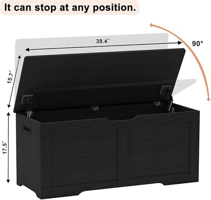 Timberer 39.4" Storage Chest, Wooden Storage Bench, Lift Top Toy Chest with 2 Safety Hinges, Large Toy Box, Entryway Bench for Living Room, Bedroom, Black