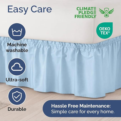 Wrap Around Dust Ruffle Bed Skirt - Light Blue - for Queen Size Beds with 18 Inch Drop - Elastic Strap - Adjustable Pleated Bedskirt with Brushed Fabric and Wrinkle Free - For Women, Men, Kids & Teens