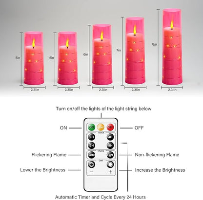 Flameless LED Candles with Timer 5 Pc Flickering Flameless Candles for Romantic Ambiance and Home Decoration Stable Acrylic Shell,with Embedded Star String，Battery Operated Candles(Pink)