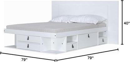 memomad Bali Slim Set: Storage Platform Bed with Drawers + Flat Panel Headboard (Full Size, White Wood)