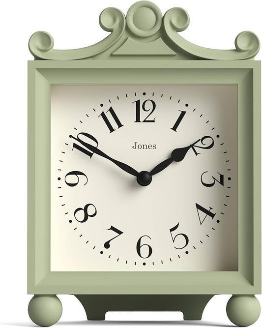 JONES CLOCKS® Parlour Mantel Clock | Classic Carriage Clock | Sage Green | Elegant Square Decorative case, Perfect for Mantel, Shelf, Table or Bedside