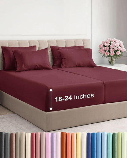 Extra Deep Split King Sheet Set - 7 Piece Breathable and Cooling Sheets - Hotel Luxury Bed Sheets Set - Easy Fit - Soft, Wrinkle Free and Comfy Sheets Set - Burgundy Sheet Set with Extra Deep Pockets