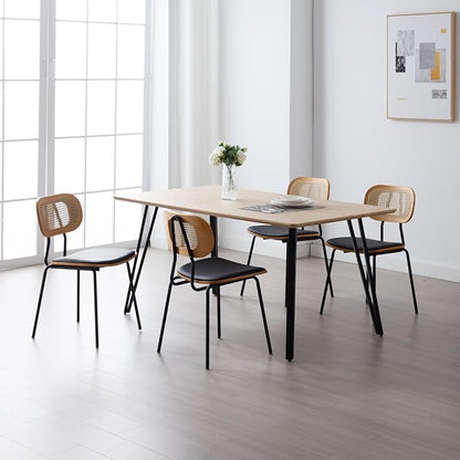 HEAH-YO Modern Dining Chairs Set of 4, Upholstered Faux Leather Dining Room Chairs with Rattan Backrest and Metal Legs, Armless Kitchen Chairs for Dining Room, Black