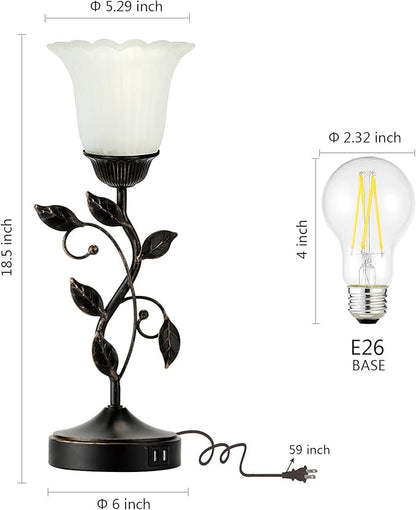 RORIANO Touch Bedside Lamp with 2 USB Charging Ports, 3-Way Dimmable Nightstand Lamps, White Glass Shade Vintage Rural Leaf Lamp for Living Room Tabletop Bedroom Side Table, LED Bulb Included