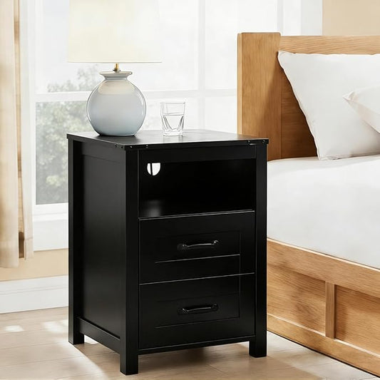 Black Rustic Night Stand, Farmhouse End Table, Modern Bedside Table with 2 Storage Drawers and Open Shelf, Tall Nightstand for Bedroom