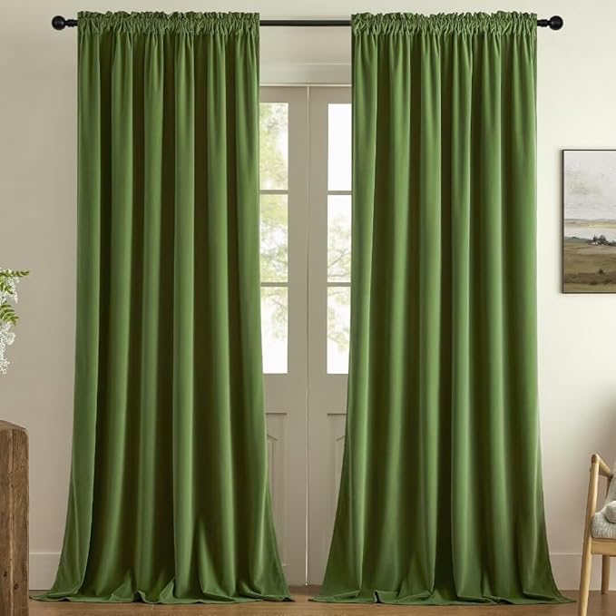 Joydeco Green Velvet Curtains 108 inch 2 Panel, Room Darkening Super Soft Velvet Drapes for Bedroom Living Room Thermal Insulated Window Drapes, Luxury Blackout Rod Pocket Curtains,W52 x L108 inch