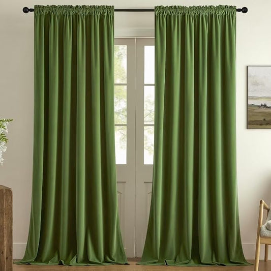 Joydeco Green Velvet Curtains 90 inch 2 Panel, Room Darkening Super Soft Velvet Drapes for Bedroom Living Room Thermal Insulated Window Drapes, Luxury Blackout Rod Pocket Curtains,W52 x L90 inch