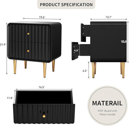 HLR Modern Nightstand Set of 2, Fluted Bed Side Table with 2 Drawers Storage, Wood End Table with Gold Metal Handle, Black Night Stands for Bedroom