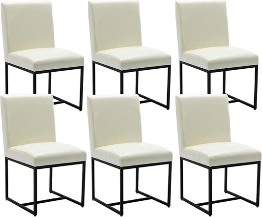CIMOTA Modern Dining Chairs Set of 6, Leather Dining Room Chairs Upholstered Armless Guest Side Chair with Black Base for Dining Room/Kitchen, Cream 6PCS