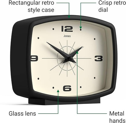 JONES CLOCKS® Film Desk Clock | Retro Rectangular Design | Black | Retro Design, Blending mid Century Style with a Punchy Modern Finish for Shelf, Table, Mantel or Bedside