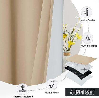 RYB HOME PM 2.5 Filter Curtains for Living Room/Bedroom, Soundproof Blackout Large Window Curtains for Dust Sandstorms Smog Pollen Odor Filtering, Biscotti Beige, W42 x L84 inch, 2 Panels