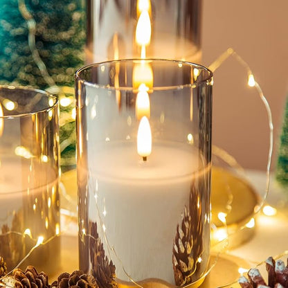 Eywamage Smoke Grey Glass Flameless Pillar Candles with Remote, Flickering LED Battery Candles Table Decor Set of 3