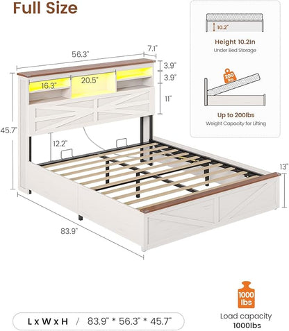AOGLLATI Farmhouse Full Size Bed Frame with Lift Up Storage & Hidden Bookcase Storage Headbord, Wood Bed Frame Full with Charging Station, Led Lights, No Box Spring Needed, Antique White