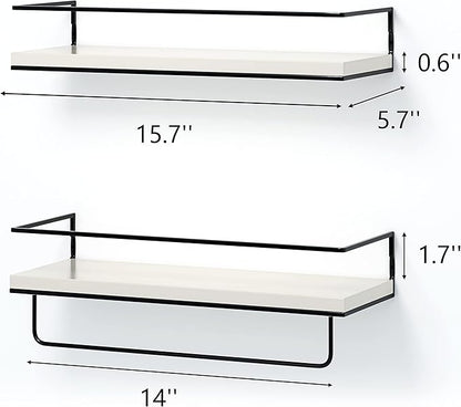 Shario White Floating Shelves - Set of 2, Wall Mounted Hanging Shelves with Black Towel Rack, Decorative Storage Shelves for Bathroom, Kitchen, Living Room & Bedroom (Modern White, 15.7 Inches)