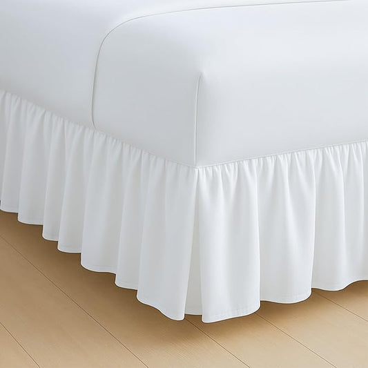 Rajlinen Ruffled Bed Skirt Twin, 24 Inch Drop Dust Ruffle with Split Corners, 100% Microfiber Bedskirt with Platform, Three-Sided Coverage Ruffled Gathering Design, White