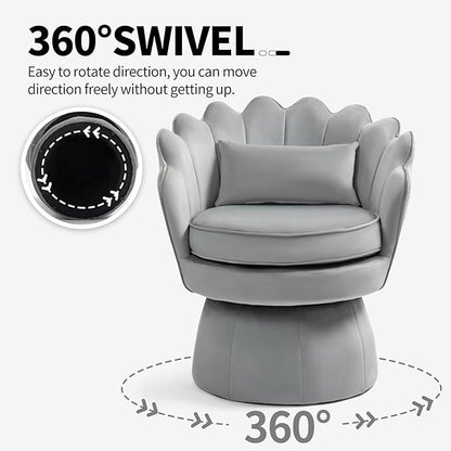 360° Swivel Accent Chair, Mid-Century Modern Velvet Barrel Chair, Comfy Shell Shape Arm Chair with Lumbar Pillow for Living Room, Bedroom, Office, Grey