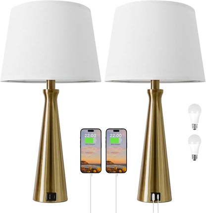 Seealle Modern Table Lamps Set of 2 - Touch Bedside Lamp for Nightstand with Dual USB C+A,3-Way Dimmable Coppery Nightstand Lamps for Living Room Bedroom End Table with White Shade(Bulb Included)