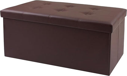 xupersodys 30 Inches Folding Storage Ottoman Bench, Faux Leather Footstool Ottoman, Storage Trunk Footrest for Bedroom, Living Room and Hallway, Support 350lbs, Brown(Brown line)
