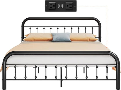 WLIVE Metal Platform Bed Frame, King Size Bed Frame with Headboard, Bed Frames with LED Lights and Charging Station, 1500LBS Mattress Foundation, Under Bed Storage, No Box Spring Needed, Black