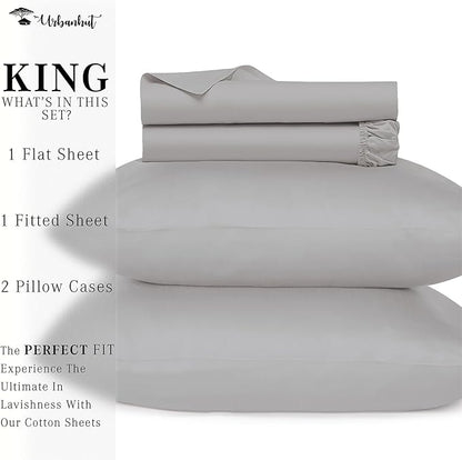 URBANHUT 800 Thread Count 100% Cotton King Size Sheets, Luxury 4 Piece King Bedsheets, Hotel Sheets Sateen Finish - Better Than Egyptian, 16" Elasticized Deep Pocket - Silver Grey