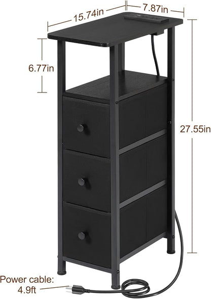 LOAKEKEL Narrow End Table Living Room with Charging Station, Skinny Side Table with Fabric Drawers, Slim Nightstand for Bedroom, Small Spaces, Couch, Black, HETNDP03BK-1