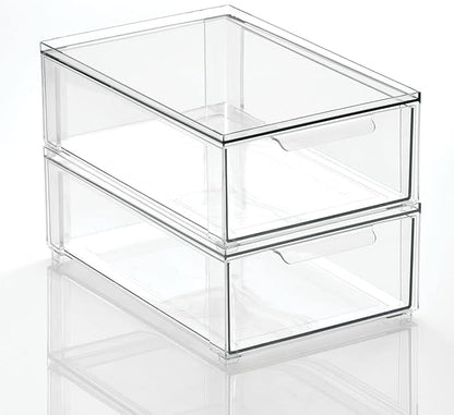 mDesign Plastic Storage Box with Drawer – Low Plastic Shoe Storage Bin – Stackable Box for Accessories etc. – Pack of 2 – Transparent