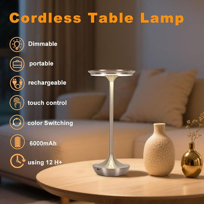 Rechargeable Cordless Table Lamp,Portable Outdoor Battery Operated LED Table Light Touch Control 3 Color Dimmable for Bedroom, Patio, Cofee,Dining Home,Restaurant&Living Room-Silver