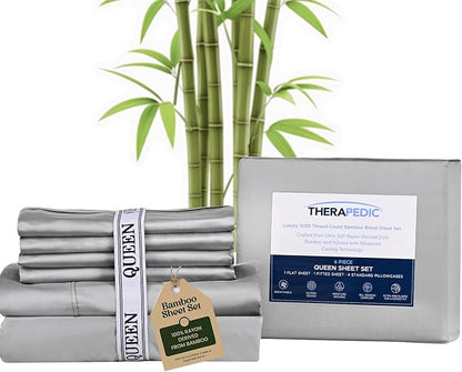 Therapedic 1000TC Queen 6-Piece Sheet Set - 100% Organic Rayon Derived from Bamboo Blend with Cooling Fiber, Ideal for Hot Sleepers - 16" Deep Pocket Fitted Sheet, Bonus Pillowcases - Dark Grey