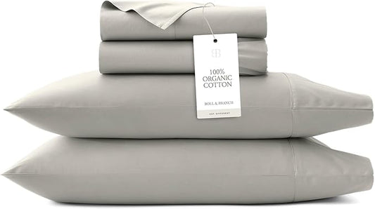 BOLL & BRANCH Signature Hemmed Sheet Set - Twin XL, Pewter - Luxury 100% Organic Cotton - Includes 1 Flat, 1 Fitted, 2 Pillowcases - Buttery Soft