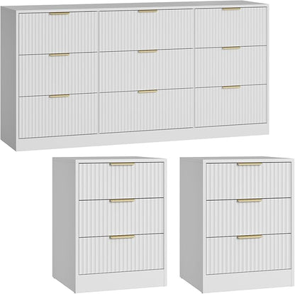9 Drawer Fluted Dresser & Nightstand Set 3-Piece, 63” Long Dresser and Night Stand Set of 2, Fluted Modern Wood Chest of Drawers Storage Dressers Set for Bedroom, White